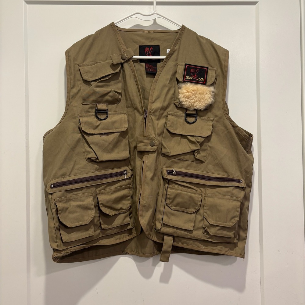 Eagle Claw Mens Fishing‎ Vest Tan Khaki Multi Pocket Utility Fly Patch L XL